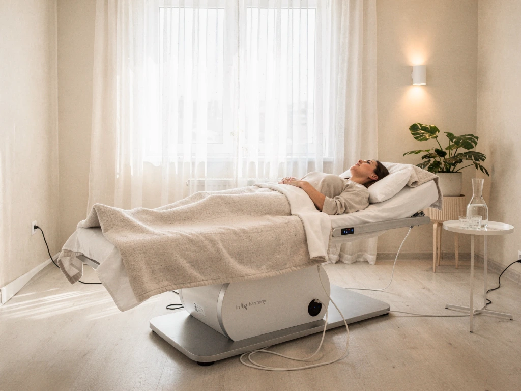 Patient lying on vibroacoustic therapy bed in minimalist wellness room with natural light